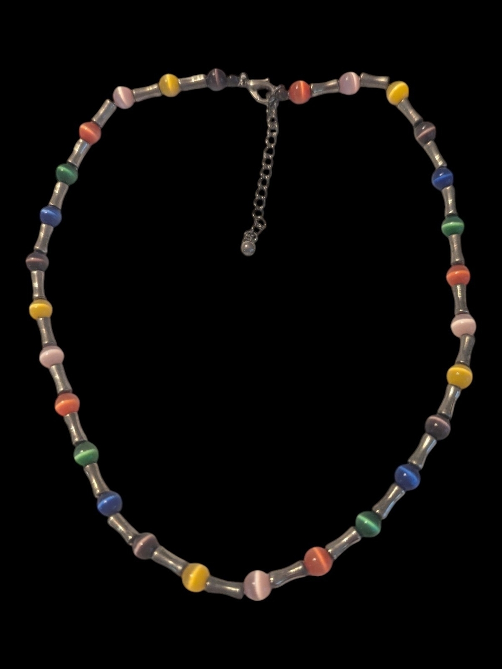 90s VTG Multi-Color Cat's Eye Glass And Silver Tone Beaded Adjustable Necklace